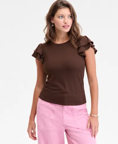 On 34th Women's Flutter-sleeve Ribbed Top, Created For Macy's In Brown