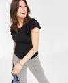 On 34th Women's Flutter-sleeve Ribbed Top, Created For Macy's In Deep Black
