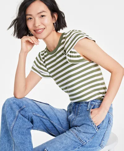 On 34th Women's Flutter-sleeve Ribbed Top, Created For Macy's In Olivine Combo