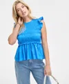 On 34th Women's Flutter-sleeve Smocked Peplum Top, Exclusively At Macy's In Blue