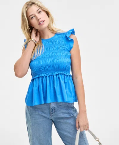 On 34th Women's Flutter-sleeve Smocked Peplum Top, Exclusively At Macy's In Beach Blue
