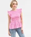 On 34th Women's Flutter-sleeve Smocked Peplum Top, Exclusively At Macy's In Fuchsia Purple