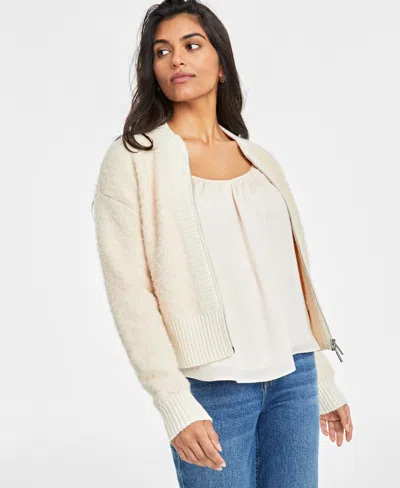 On 34th Women's Boucle Cozy Bomber Jacket, Created For Macy's In Mother Of Pearl