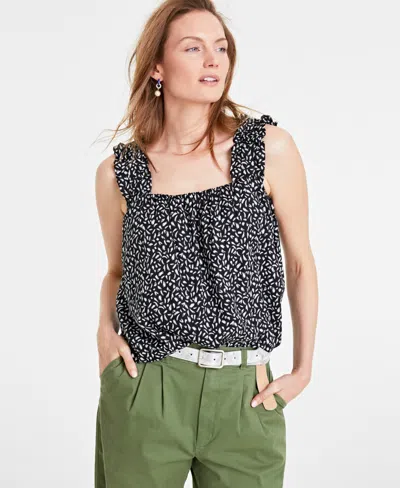 On 34th Women's Garden-print Ruffled Tank Top, Created For Macy's In Deep Black Cmb