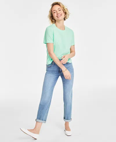On 34th Women's Gathered-sleeve Crewneck T-shirt, Created For Macy's In Blue Chiffon