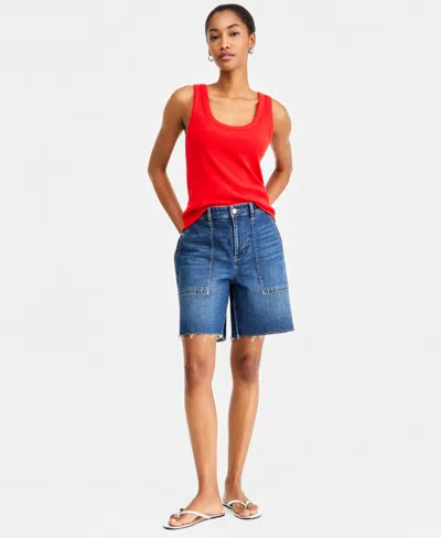On 34th Women's High Rise A-line Denim Utility Bermuda Shorts, Macy's Exclusive In Blue