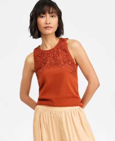 On 34th Women's High-neck Sleeveless Lace-trim Tank Top, Macy's Exclusive In Orange