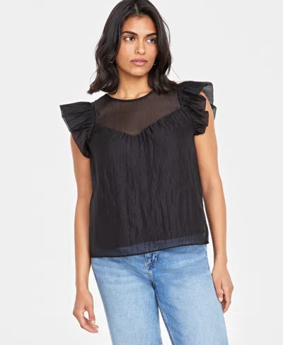 On 34th Women's Sheer Ruffle Sleeve Top, Created For Macy's In Deep Black