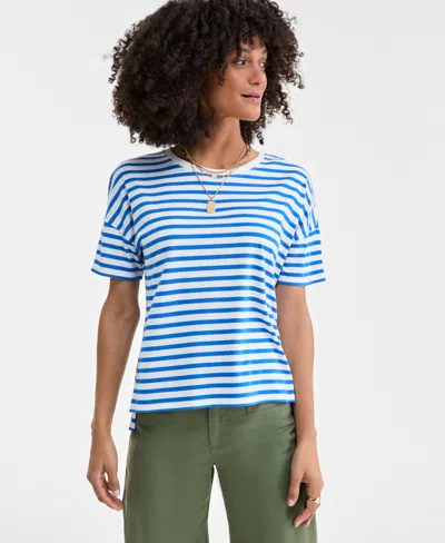 On 34th Women's Knit Easy Short-sleeve Striped T-shirt, Exclusively At Macy's In Beach Blue