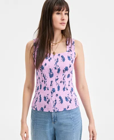 On 34th Women's Knit Floral Smocked Square-neck Tank Top, Exclusively At Macy's In Orchid Bouquet Combo