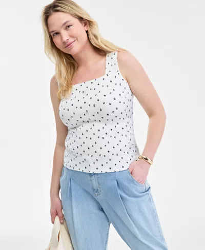 On 34th Women's Knit Floral Smocked Square-neck Tank Top, Exclusively At Macy's In Washed White