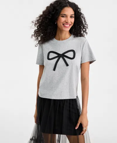 On 34th Women's Knit Heather Bow T-shirt, Macy's Exclusive In Gray