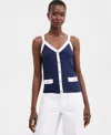On 34th Women's Knit Solid Colored-trim Button-up Tank Top, Macy's Exclusive In Blue