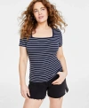 On 34th 's Women's Knit Square-neck Top, Created For Macy's In Intrepid Blue Combo