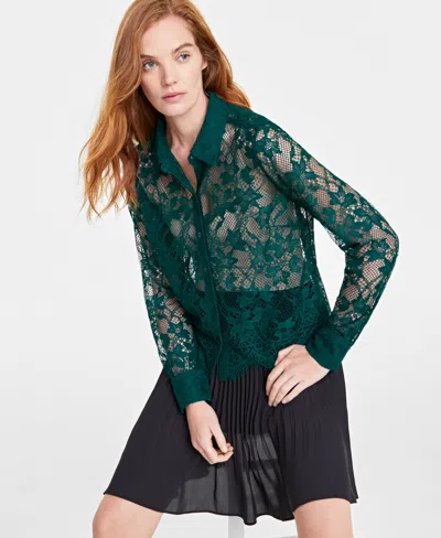 On 34th Women's Lace Button-front Long-sleeve Shirt, Created For Macy's In Dark Fores