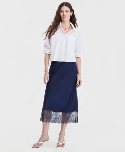 On 34th Women's Lace-hem Midi Slip Skirt, Macy's Exclusive In Blue