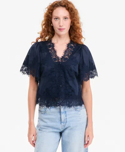 On 34th Women's Lace-trim Button-front Blouse, Macy's Exclusive In Basic Navy
