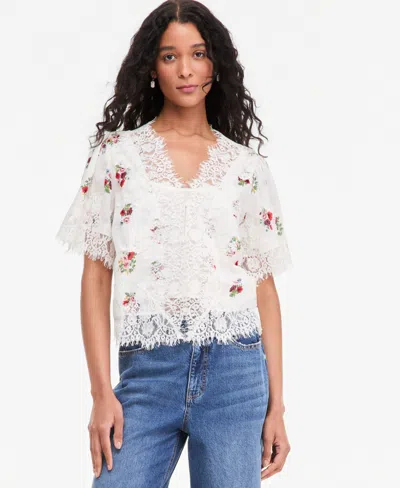 On 34th Women's Lace-trim Button-front Blouse, Macy's Exclusive In Botanical Stamp Ivory