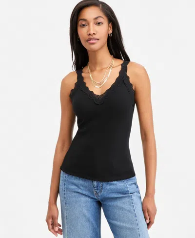 On 34th Women's Lace-trim Ribbed Tank Top, Macy's Exclusive In Deep Black