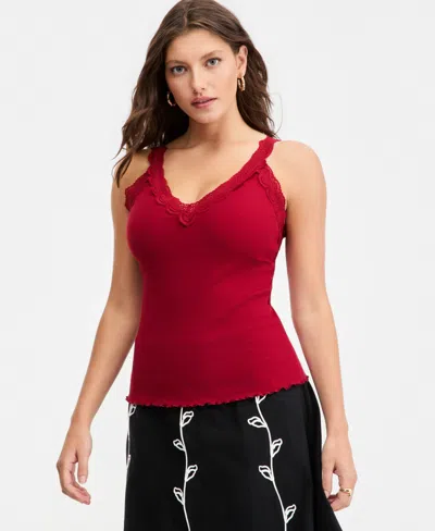 On 34th Women's Lace-trim Ribbed Tank Top, Macy's Exclusive In Deep Crimson