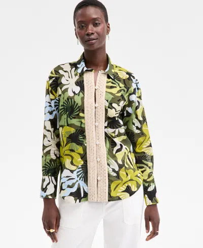 ON 34TH WOMEN'S LEAF-PRINT CROCHET-TRIM SHIRT, EXCLUSIVELY AT MACY'S