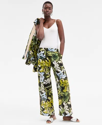 ON 34TH WOMEN'S LEAF-PRINT CROCHET-TRIM WIDE-LEG PANTS, EXCLUSIVELY AT MACY'S