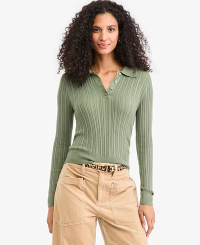 On 34th Women's Lightweight Long Sleeve Ribbed Polo Sweater, Macy's Exclusive In Cool Olive