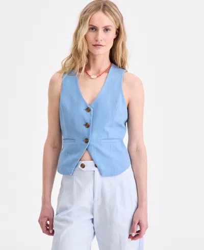 On 34th Women's Linen Blend V-neck Button-front Vest, Macy's Exclusive In Blue