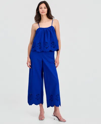 On 34th Women's Linen-blend Cutwork-hem Pull-on Pants, Macy's Exclusive In Blue