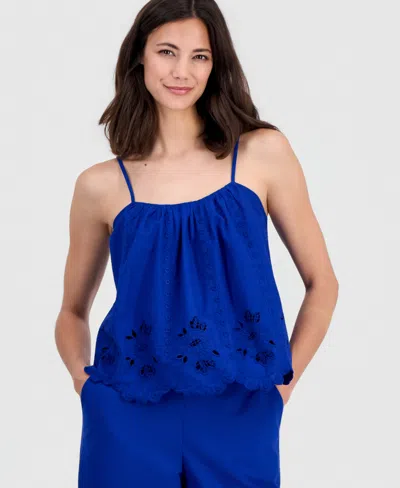 On 34th Women's Linen-blend Cutwork-hem Tank Top, Macy's Exclusive In Blue