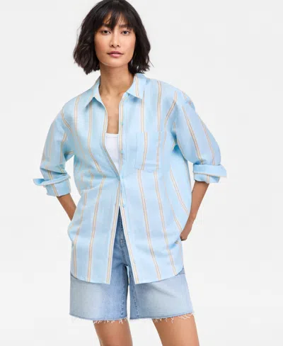 On 34th Women's Linen-blend Relaxed Button-down Shirt, Macy's Exclusive In Blue