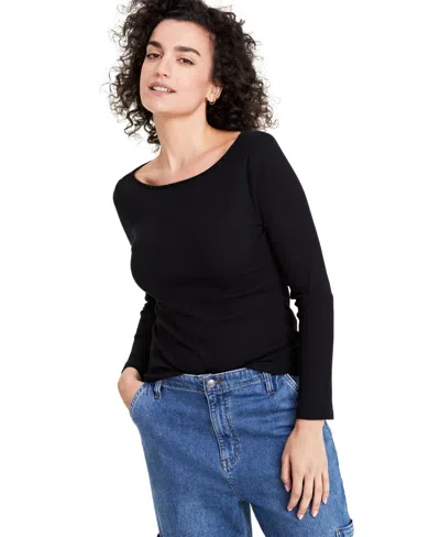 On 34th Women's Long-sleeve Boatneck Ribbed Top, Created For Macy's In Deep Black
