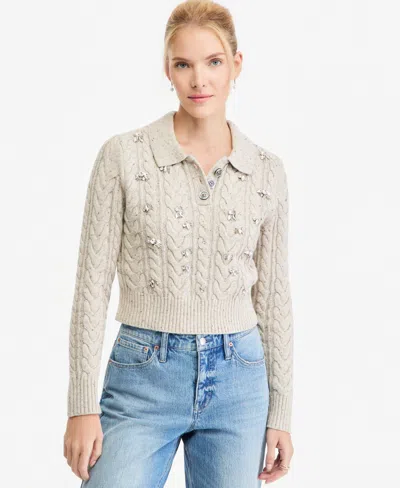 On 34th Women's Long Sleeve Cable Embellished Polo Sweater, Macy's Exclusive In Rntd Taupe Hthr