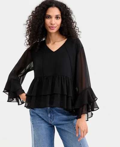 On 34th Women's Long Sleeve Chiffon Ruffle Blouse, Macy's Exclusive In Black