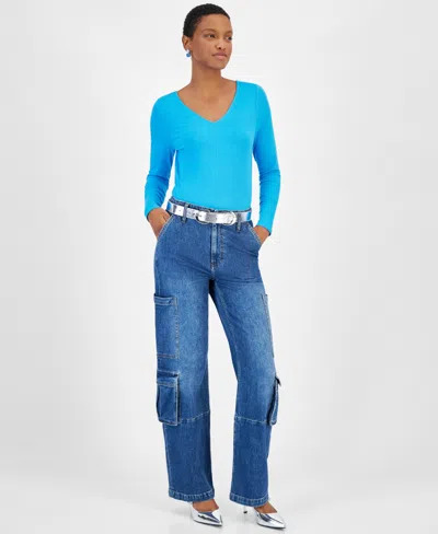 On 34th Women's Long-sleeve Rib Double V-neck Top, Created For Macy's In Poolside