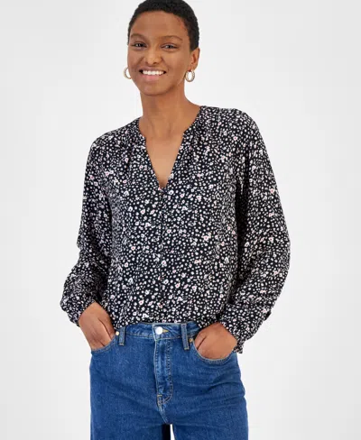 On 34th Women's Long-sleeve Pintucked Blouse, Created For Macy's In Deep Black Combo