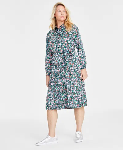 On 34th Women's Long-sleeve Pleated Shirtdress, Created For Macy's In Deep Black Combo