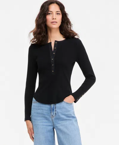 On 34th Women's Long Sleeve Ribbed Henley Top, Macy's Exclusive In Deep Black