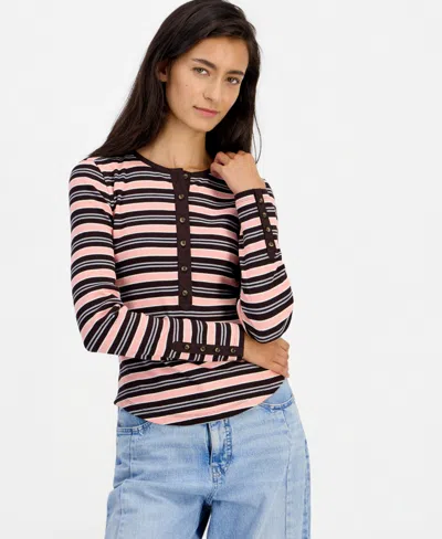 On 34th Women's Long Sleeve Ribbed Henley Top, Macy's Exclusive In Ganache Combo