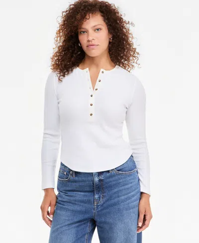 On 34th Women's Long Sleeve Ribbed Henley Top, Macy's Exclusive In Winter Ivory