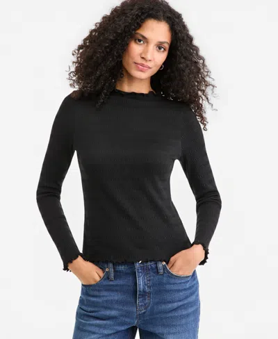 On 34th Women's Long-sleeve Funnel Neck Puckered-rib Top, Macy's Exclusive In Deep Black