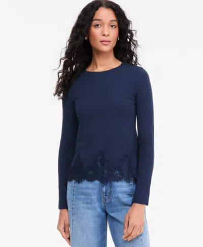 On 34th Women's Long-sleeve Lace-trim Knit Top, Macy's Exclusive In Basic Navy
