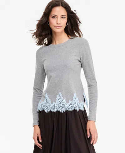 On 34th Women's Long-sleeve Lace-trim Knit Top, Macy's Exclusive In Mid Grey Heather