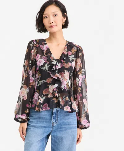 On 34th Women's Long-sleeve Peplum Ruffle Blouse, Macy's Exclusive In Dahlia Print