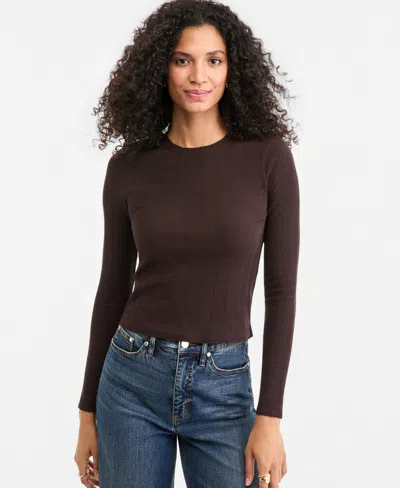 On 34th Women's Long-sleeve Pointelle Cropped Romy T-shirt, Macy's Exclusive In Ganache