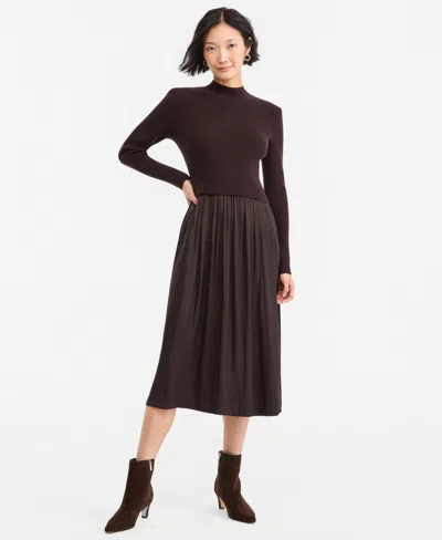 On 34th Women's Long-sleeve Sweater Mixed-media Midi Dress, Macy's Exclusive In Ganache