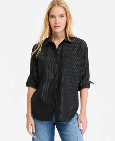 On 34th Women's Lurex-stripe Oversized Button-down Top, Macy's Exclusive In Deep Black
