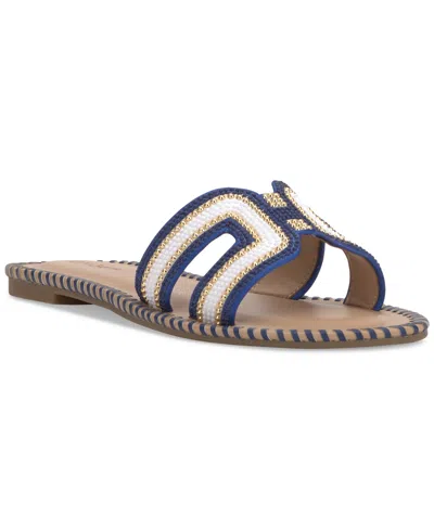 On 34th Women's Mansi Beaded H-band Flat Sandals, Created For Macy's In Navy,white Beaded