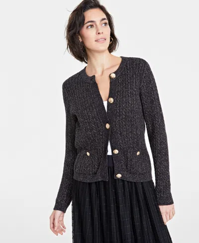 On 34th Women's Metallic Cable-knit Sweater Jacket, Created For Macy's In Deep Black