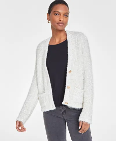 On 34th Women's Metallic Fuzzy-knit Cardigan, Created For Macy's In White,gold
